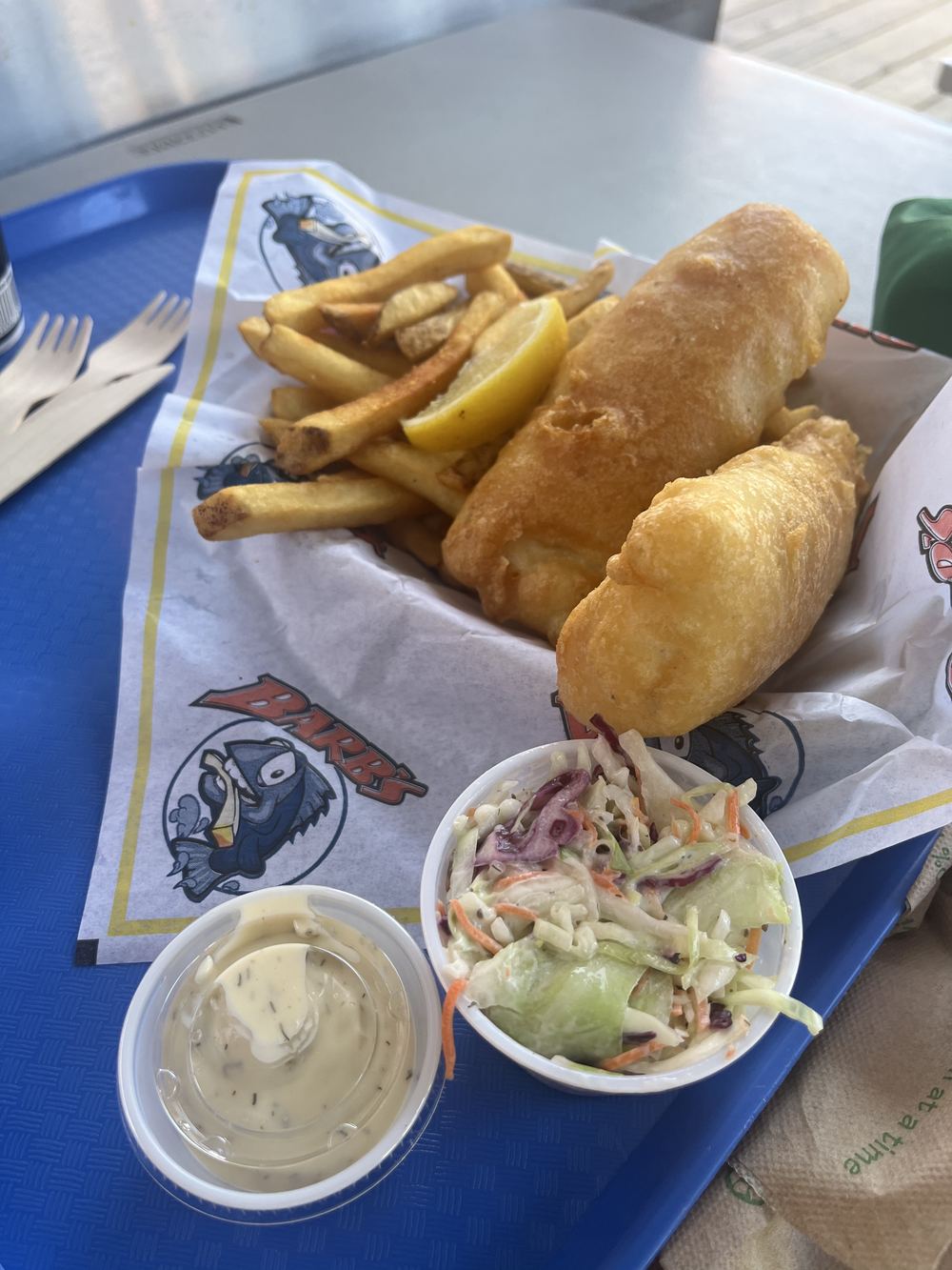 Fish and chips basket with coleslaw and tartar sauce from Barb's Fish and Chips, Fisherman's Wharf