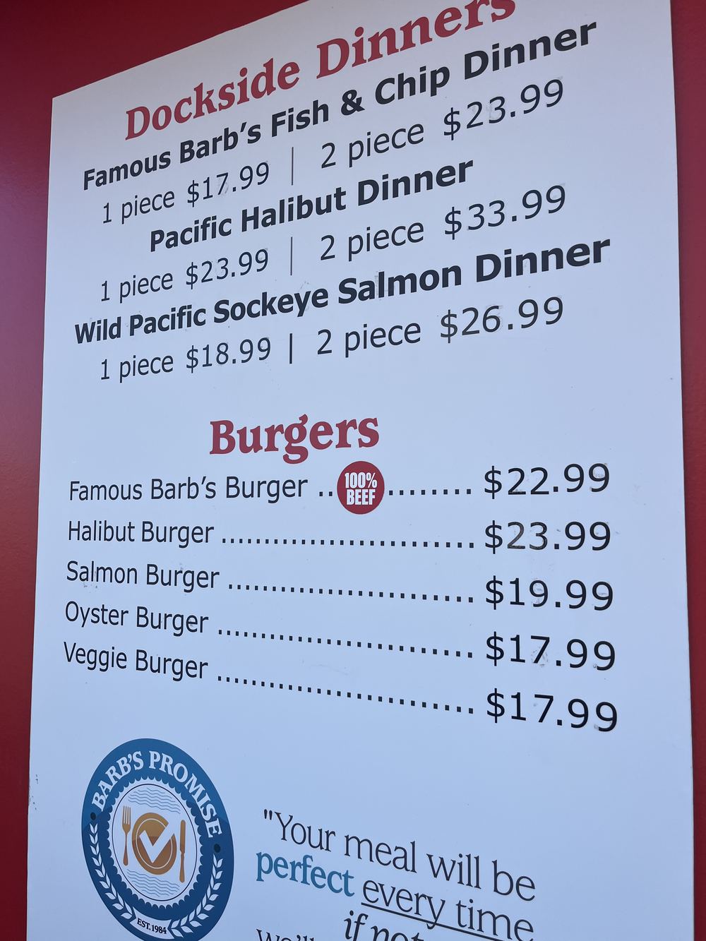 Menu board with prices at Barb's Fish and Chips, Fisherman's Wharf Victoria