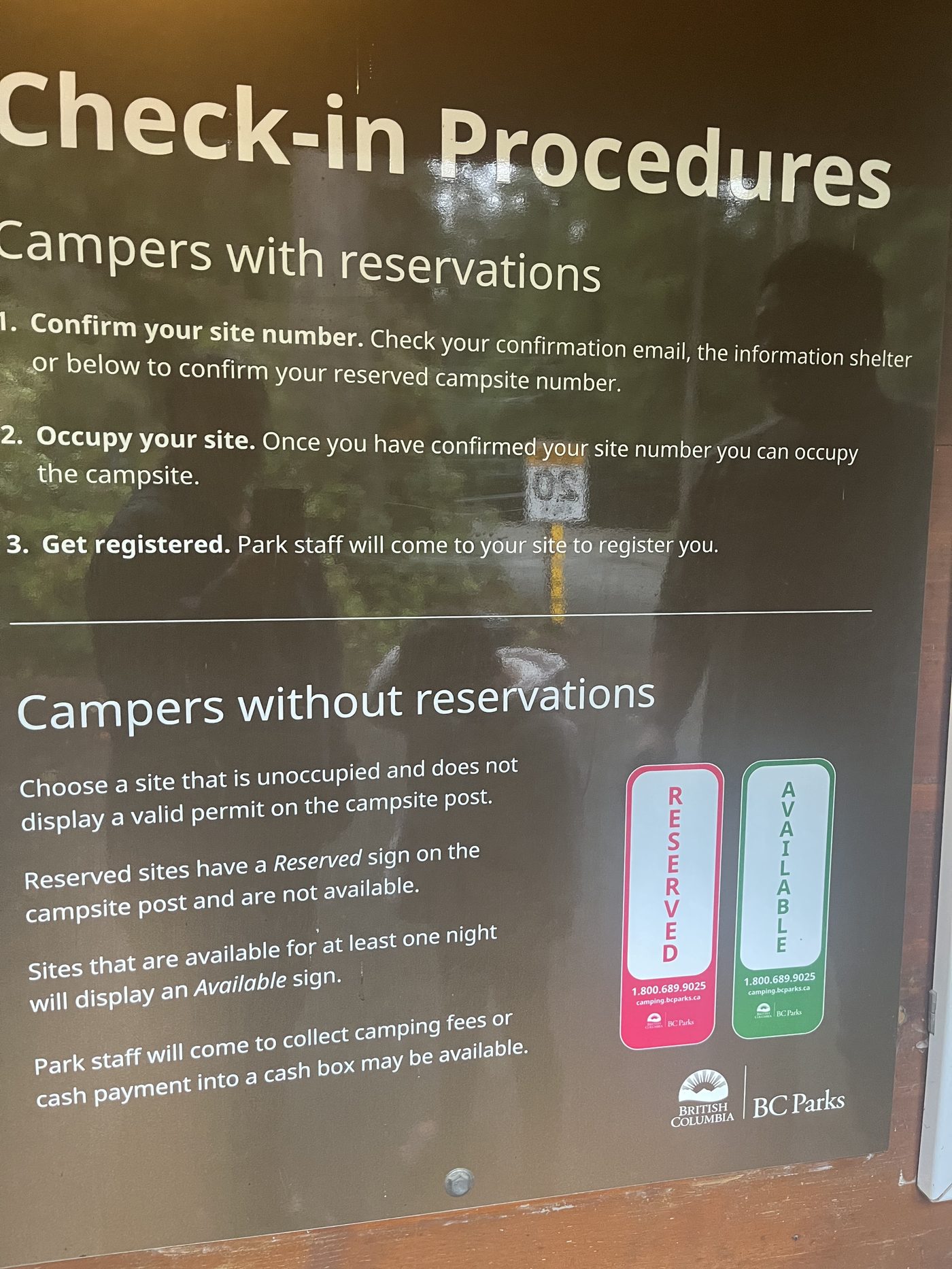 China Beach campground check-in procedures sign